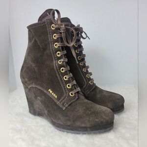 Prada Women's Wedge Boots Size 7  Brown Suede Lace Up Ankle Bootie Shoes #N4782